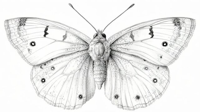Detailed monochrome pencil sketch of a butterfly in full spread, showing intricate wing patterns