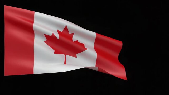 Waving Canadian flag with red maple leaf on black background