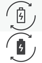 Battery with recycling arrows shown in different style icon set. Line, outline and solid icon with editable stroke vector sign and symbol. Recycling battery icon for energy saving and eco icon.