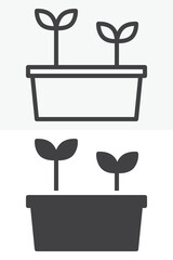 Plant growing in pot shown in different style icon set. Line, outline and solid icon with editable stroke vector sign and symbol. Potted growth plant icon for gardening, ecology and nature icon.