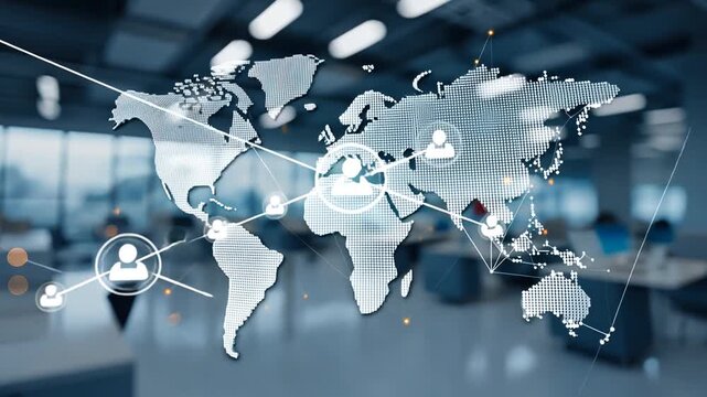 Global connections visualized on a world map in a modern office setting with network lines.