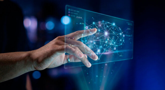 Hand Touching Futuristic AI Neural Network Interface
