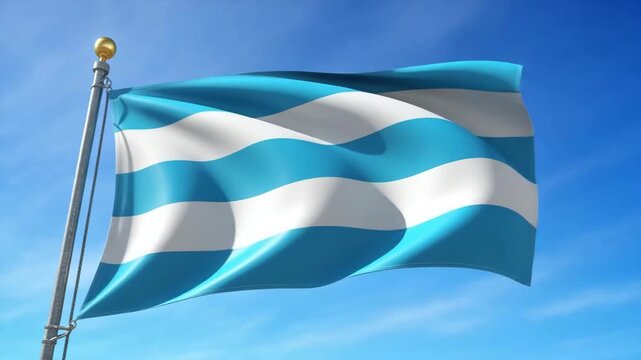 Waving flag with blue and white stripes against clear blue sky