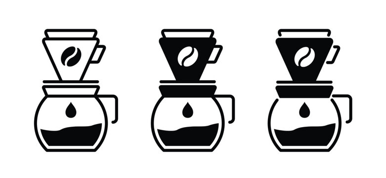 Cartoon coffee-pot icon. Drip Coffee, coffee beans and coffee filter. Line pattern. Coffee maker. Making coffee for the menu, cafe and restaurants. kitchen brewing tools.
