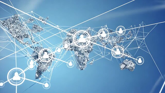 Network connections map with global nodes and lines on blue background illustration