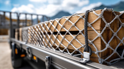 Wooden pallet cargo net trailer transportation outdoor secure safety delivery industrial logistics. Wooden pallet secured with cargo net trailer