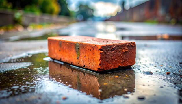 Single red clay brick sitting in puddle on wet pavement with reflections of trees and buildings in blurred background