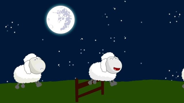 Cartoon Sheep Jumping Over Fence at Night to Help Sleep