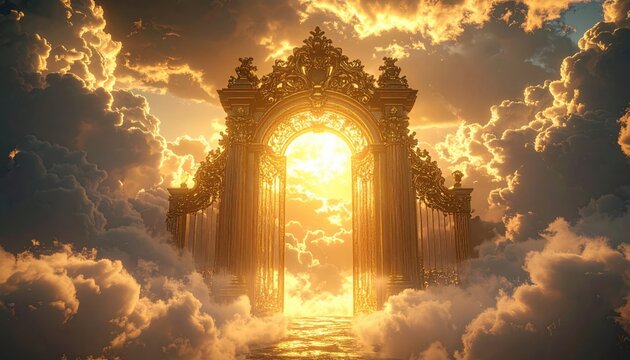 Ornate golden gate standing open among soft white clouds leading to bright celestial light in heaven like dreamscape