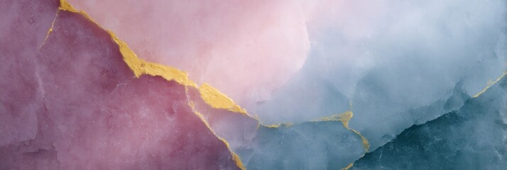 Piece of art with a pink and blue background and gold accents