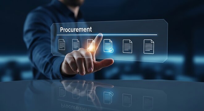 Businessman interacting with procurement documents on futuristic interface