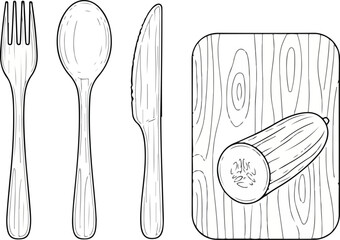 Minimalist Line Art Cutlery Set with Wooden Cutting Board & Cucumber Slice &ndash; Rustic Kitchen Tools Vector for Recipes, Menus, Food Blogs & Sustainable Cooking Design