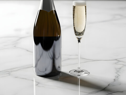 Champagne bottle and flute on marble surface with transparency
