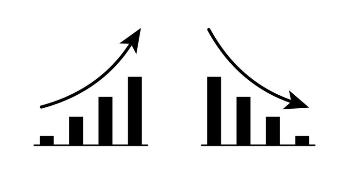 Representing business growth and decline with simple bar charts and directional arrows. Icon Set. Vector