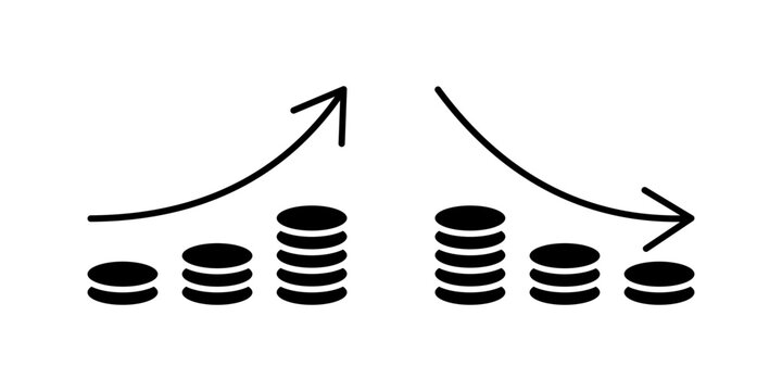 Financial growth and decline represented by stacked coins with upward and downward arrows. Icon Set. Vector