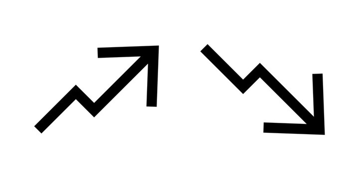 Upward and downward trend arrows illustrating growth and decline in market analysis. Icon Set. Vector
