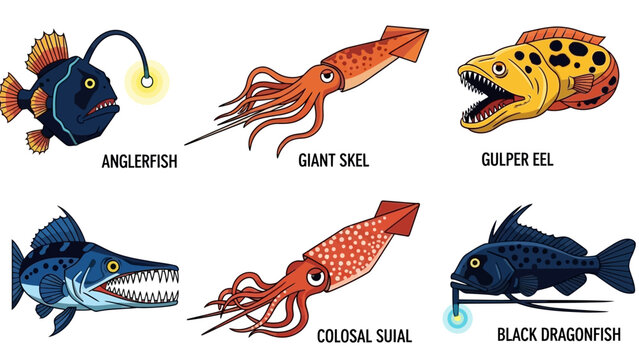 Deep Sea Creatures: Anglerfish, Squid, Eel, Dragonfish, Colossal Squid