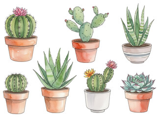 Watercolor of cactus and succulent in potted set, isolated background