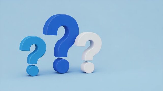 Three dimensional question marks in blue and white on light blue background