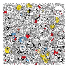Naklejka premium Vibrant Cartoon Characters in Black White Background.