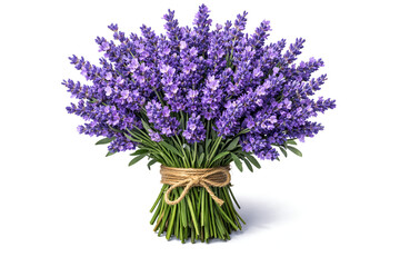 Fototapeta premium beautiful bouquet of purple lavender flowers tied with twine isolated on white