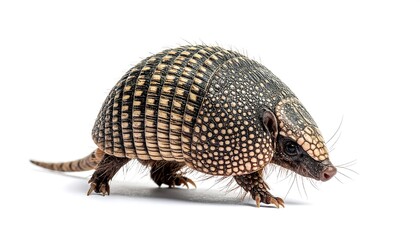 Obraz premium A Three-banded Armadillo Walking on a White Background.