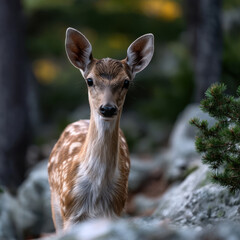 Obraz premium Fawn woods dawn forest wildlife nature young animal peaceful alert brown white fur outdoors trees rocks green natural mammal serene wild woodland