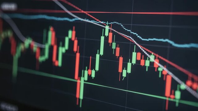 Stock market graph showing fluctuating trends with red and green candlesticks