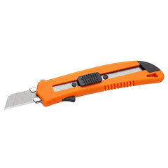 Orange utility knife box cutter tool isolated on transparent background for construction diy repair and office stationery concepts.