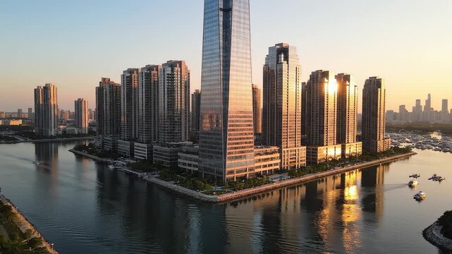 Sunset cityscape with skyscrapers and water