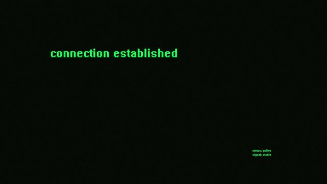 Green text "connection established" "analyzing patterns" appears on a black computer screen. Simulating digital interaction. Programming concept.
