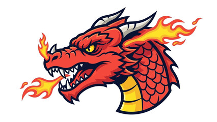 Naklejka premium Fierce Red Dragon Breathing Fire, Mythical Creature Mascot, Fantasy Art