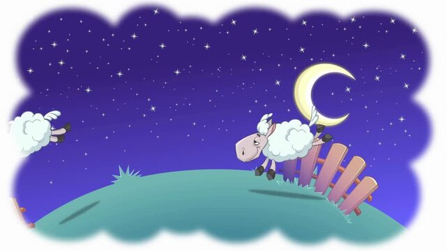 Cartoon Sheep Counting Jumping Over Fence Night Sky Moon