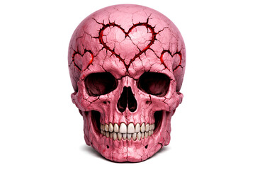 Fototapeta premium pink human skull with heart shaped cracks and texture isolated on white background