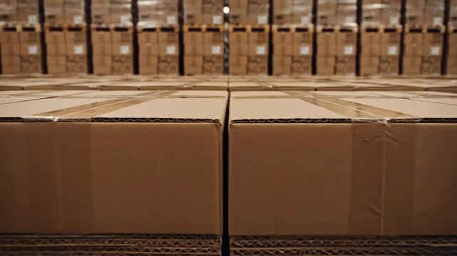 Dolly shot moving over stacked cardboard boxes in a warehouse. Logistics and distribution center inventory with blurred shelves in background