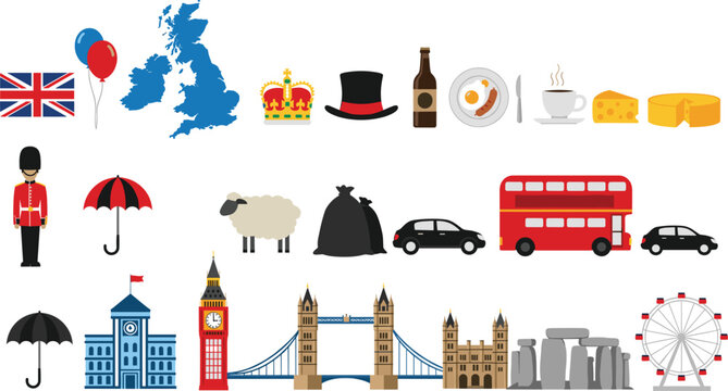 United Kingdom Culture Vector Illustration Set Featuring London Landmarks, British Symbols, Food, Transport and Traditional Icons