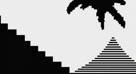 Pixel art graphic of stairs, palm tree, and striped pyramid