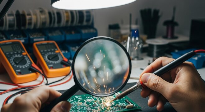 Technician inspecting circuit board with magnifying glass and soldering iron