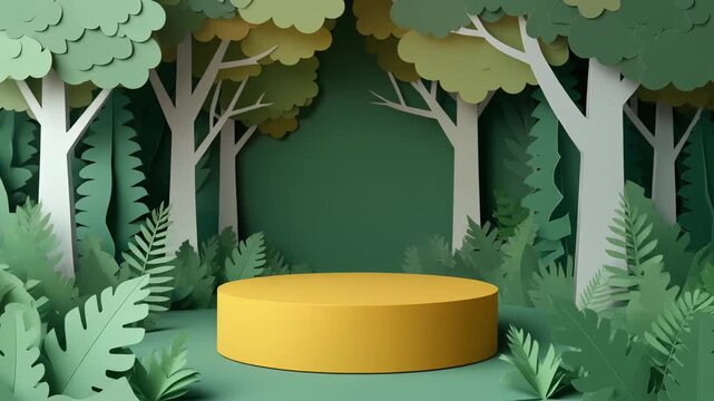 Yellow product podium in a vibrant green layered papercraft forest. 3D render of jungle trees and ferns, perfect natural display background.
