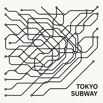 Minimalist graphic design of the Tokyo subway map, showcasing the intricate network of lines and stations
