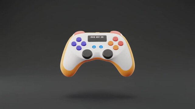 A white and orange game controller with colored buttons displayed against a dark gray background from a front view perspective.