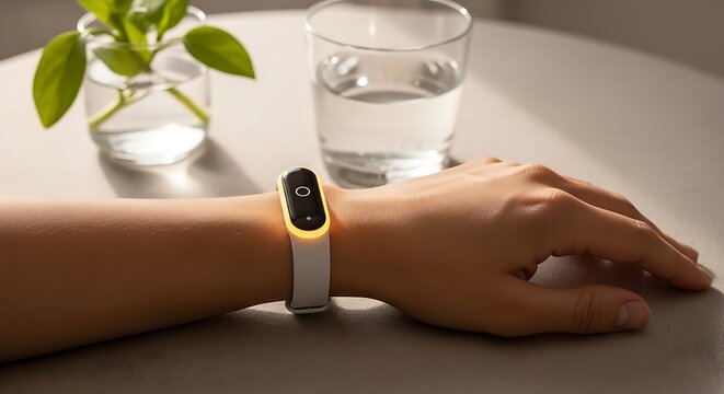 Minimalist Smartband Displaying Data on a Woman's Wrist Lifestyle Technology