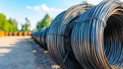 Fototapeta premium A pile of black wire coils on a dirt road.