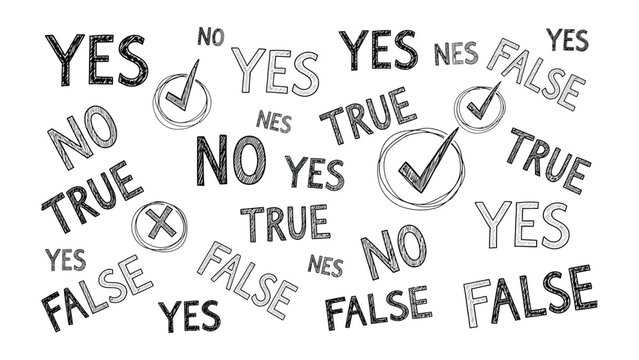 Decision-Making: A conceptual illustration that emphasizes choices, truth, and falsity in a landscape of words and symbols. 