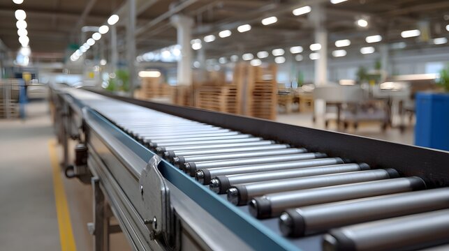 Automated roller conveyor system operating efficiently transporting goods through a vast industrial manufacturing plant