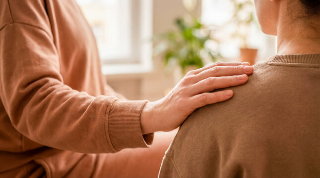 Hand on shoulder of friend close up support empathy mental health care background copy space kindness trust connection compassion reassurance stress relief