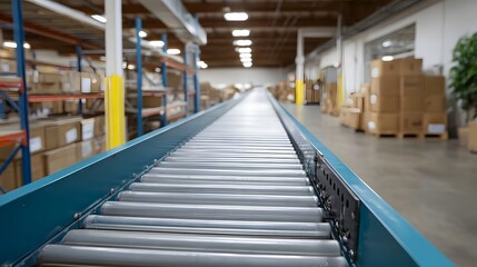Fototapeta premium A long empty roller conveyor belt stretches into the distance in a large industrial warehouse ready for goods