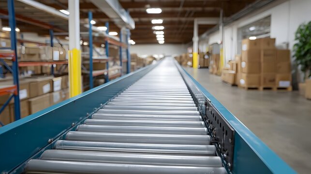 A long empty roller conveyor belt stretches into the distance in a large industrial warehouse ready for goods