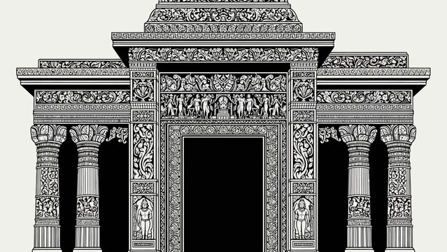 Intricate Indian Torana Gateway Archway, Detailed Carvings, Ancient Architecture, Black and White