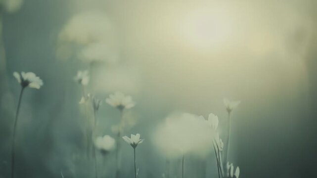 Delicate white wildflowers grow from the soft ground, reaching towards the warm, diffused sunlight creating a peaceful and serene atmosphere with a natural, tranquil beauty